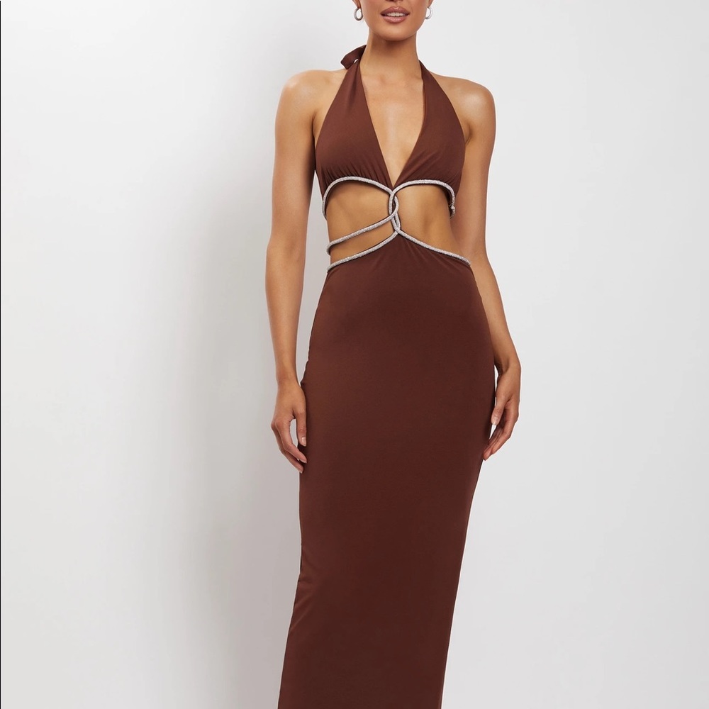 NICHA Diamante Cut Out Midi Dress - Chocolate